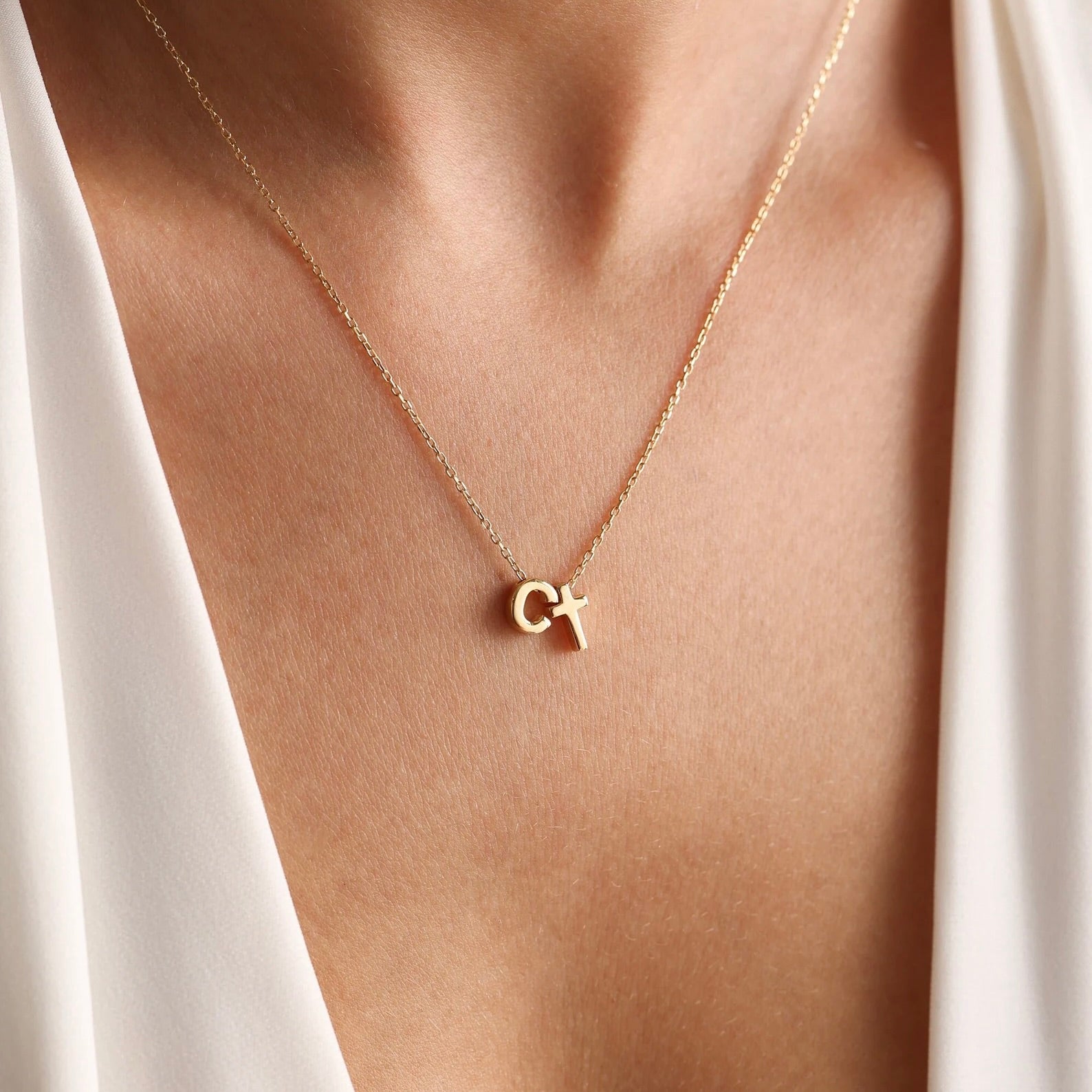 Bubble Faith Cross Initial Necklace